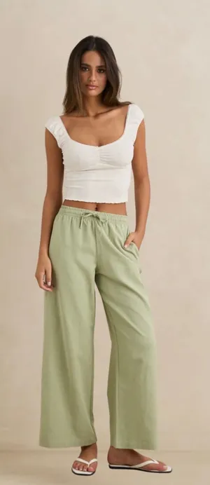 Rhythm Dolly Beach‎ Pant Palm Sage Green Wide Leg Linen Blend Size 8 NEW thumbnail 1