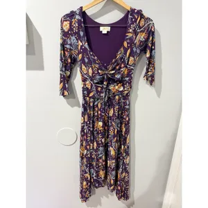 Maeve Anthropologie Empire Waist‎ Beloved Purple Floral Dress Midi Size XS Z thumbnail 3