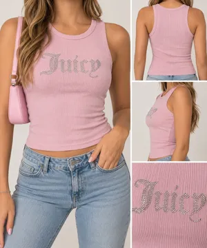 Juicy Couture Pink Rhinestone Logo Ribbed Tank Top Small Y2K Bling thumbnail 2
