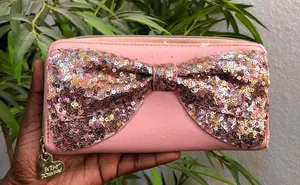 Betsey Johnson Pink Large Bow Glitter Rhinestone Sequin Gold Accents Leather Wallet Clutch Purse thumbnail 1