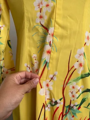 Ao Dai Silk Yellow Floral Dragon Print Long Sleeve Maxi Dress Size M thumbnail 5