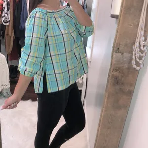Crown & Ivy medium off shoulder plaid cotton top thumbnail 3