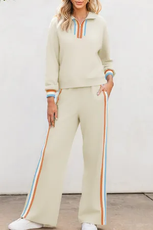 JODIFL Striped Detail Quarter-Zip Pullover and Straight Leg Sweatpants Matching Set Cream Multi thumbnail 3