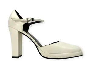 Andrea Coleccion | Size 8 | White Leather Round Toe Chunky 4 Inch High Heel Pump thumbnail 6