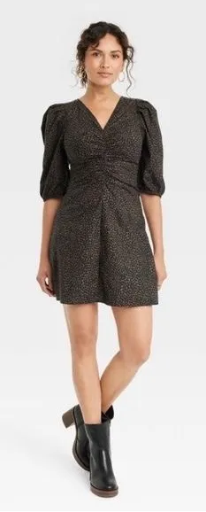 Universal Threads Womens Leopard Puff Sleeve Ruched V-Neck Mini Dress Brown 16 thumbnail 1