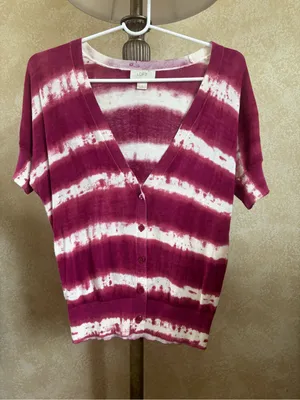 LOFT Light Cotten Short Sleeve Tie-Dye Cardigan Sweater in Pink & White thumbnail 2
