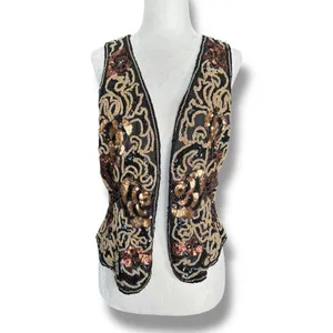 Vintage 90s‎ Black Tie Silk Beaded Metallic Sequin Open Front Vest Gold Bronze thumbnail 2