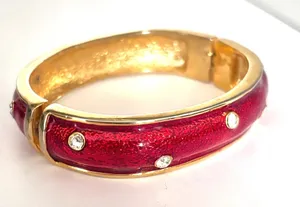 Vintage Red Enamel Hinge Bangle Bracelet Gold Tone Rhinestone Accent thumbnail 1