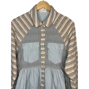 Dress Up Mixed Print Button Down Top Women Small‎ Blue Peplum Striped Plaid Boho thumbnail 3