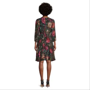 Maison Tara Dark Floral Pleated Sleeve Chiffon Fit Flare Dress Black Multi 10‎ thumbnail 5