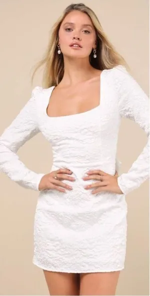 Lulus Elevated Icon White Jacquard Long Sleeve Bow Mini Dress Size Medium Bridal thumbnail 1