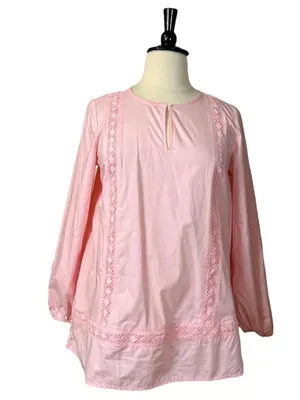 Lands’ End Pink Long Sleeve Lightweight Lace Eyelet Trim Cotton Tunic Top thumbnail 2