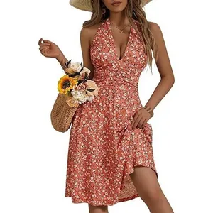 HUHOT Halter Dress Floral Ruched Summer Casual Sundress Pink‎ White L thumbnail 3