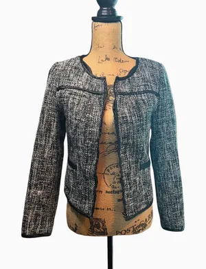 Altar'd State Black & White Tweed Blazer with Faux Leather Accents thumbnail 1