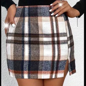 Plaid Pattern Slit Skirt, Casual Mini Skirt Brown Size M thumbnail 1