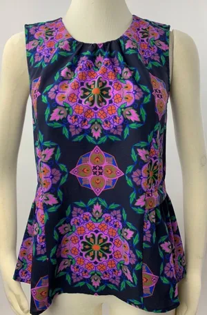J. Crew Navy Colorful Damask Mirror Image Peplum Hem Top Tank Blouse Size 2 thumbnail 1