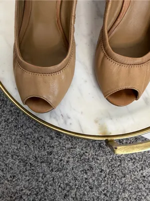 Tory Burch Sz 6.5 Tan Leather Peep Toe Wedge Pumps Heels thumbnail 7