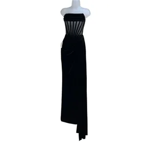 Miss Circle Priya Black Draping Corset High Slit Velvet Gown thumbnail 2