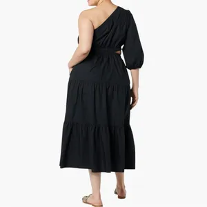 The Drop One Shoulder Cut-Out Tiered Midi Dress Large thumbnail 4