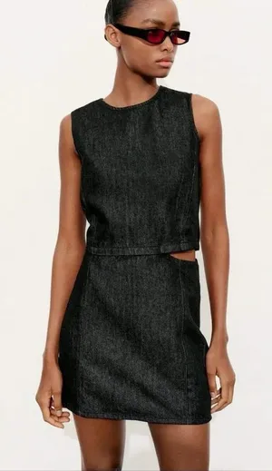 Zara Black Denim Side Cutout Mini Dress Sleeveless 3607/30/443 Size Medium thumbnail 1