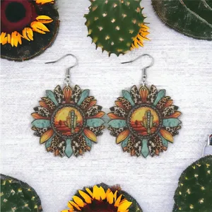 Sunflower shaped pendant drop‎ leopard pattern wooden hook earrings thumbnail 2