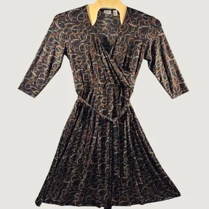 3189 | Chico's Abstract Swirl Faux Wrap Midi Dress Brown Retro Boho Women 2 L thumbnail 1