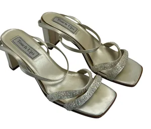 Touch Ups Ivory Satin Beaded Sequin Block Heel Square Toe Slingback Sandals 7.5W thumbnail 1