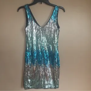As You Wish Blue Silver Ombré Sequin Mini Dress XS Y2K Party Club NYE thumbnail 2