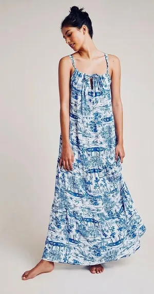 By ANTHROPOLOGIE Jasmine Tiered Cover-Up Dress Maxi Tropical Toile Blue Medium‎ thumbnail 1