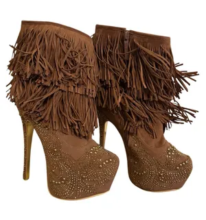 Alba Brown Camel Suede Fringe Boots Gold Studded Platform Stiletto Heel Size 7.5 thumbnail 1