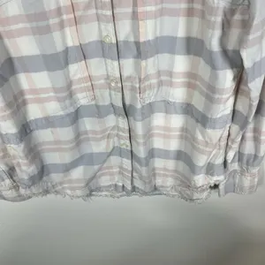 Free People LoveLand Pastel Plaid Button Down‎ Frayed Hem Boho Shirt Small thumbnail 3