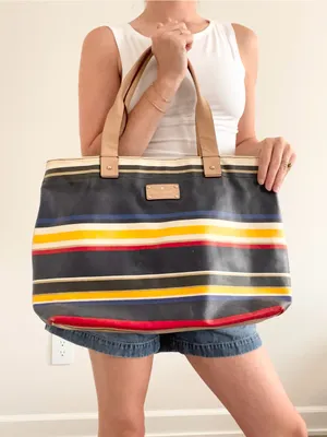 kate spade Navy Multi-Stripe Canvas Tote with Tan Handles thumbnail 1