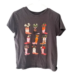 Doe. Womens XS Charcoal Grey Cowboy Boot Floral Graphic‎ T-Shirt Western thumbnail 1