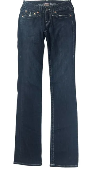 True Religion Straight Jeans Low Rise Rainbow Stitch Stretch Dark Wash Size 24 thumbnail 1