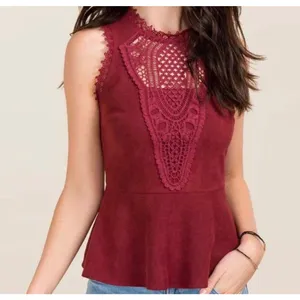 Alya Burgundy Faux‎ Suede Crochet Peplum Top Size Large Wine Red Whimsigoth thumbnail 1