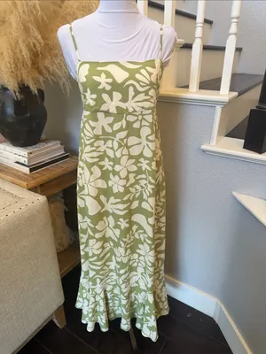 Anthropologie Paper Heart Green Sleeveless Floral MIDI Tiered Dress Size Medium thumbnail 3