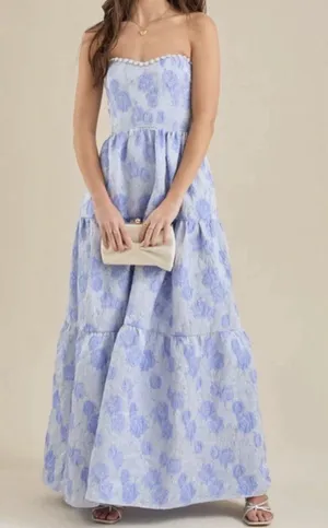 Altar'd State Jacquard Corset Gown Women’s M (6-8) Maxi Dress Blue Skye Floral thumbnail 1