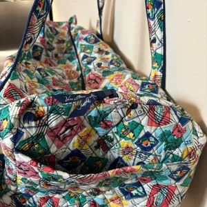 EUC Vera Bradley Large Travel Duffel Bag Cuban Stamps Zipper Handles Pockets thumbnail 4