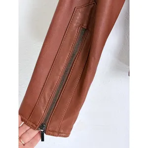 Y2K Vintage Leather Moto Jacket Cognac Brown Pelle Studio Funnel Neck M thumbnail 9