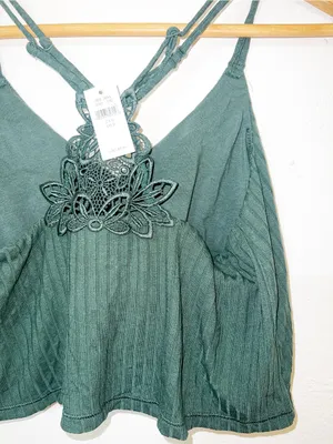 Aerie Dark Green Ribbed Lace-Back Floral Cami Crop Top thumbnail 6