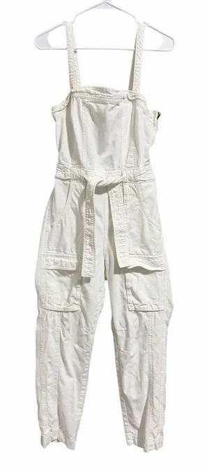 Free People Go West Jean‎ Denim Overall Jumpsuit Zinc White Women's Size Small thumbnail 1