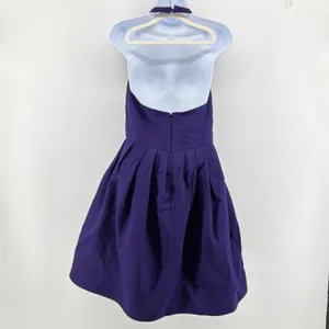 Halston Heritage Purple Cotton Silk Halter Pleated Tulip Bubble Dress Pockets 4 thumbnail 4