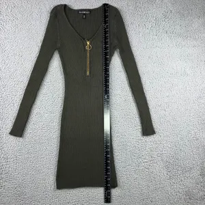 Derek Heart Ribbed Long Sleeve‎ Bodycon Mini Dress Women Medium Olive Green thumbnail 5