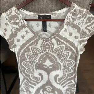 INC International Concepts Women's Taupe and White Short Sleeve Top thumbnail 1
