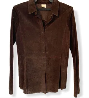 Ecru Leather Suede Perforated Shirt Jacket Shacket XS thumbnail 1