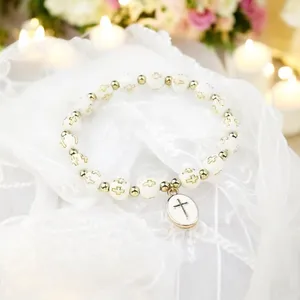 White‎ Stylish Elastic Beaded Cross Charm Bracelet Enamel Oval Cross Bead Accent thumbnail 7