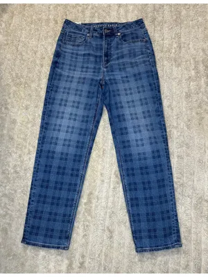 American Eagle Mom Straight medium-dark check plaid stretch denim jeans Size 6 thumbnail 1