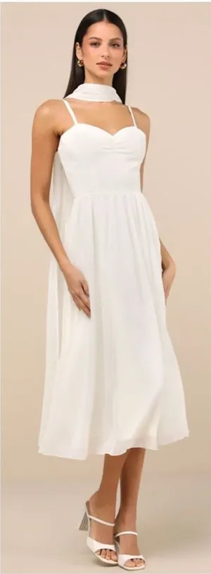 Lulus Irresistibly Darling Ivory Chiffon Midi Dress and Scarf Set Size Large NWT thumbnail 1