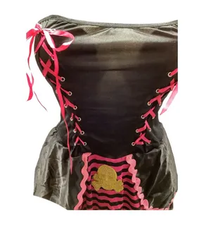 Black and Pink Vintage Corset Dress with Gold Skull and Ruffle Trim thumbnail 2