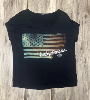 Harley Davidson Galaxy American Flag Studded T-Shirt Pikes Peak CO Women L thumbnail 1